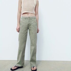 Zara High Rise Z1975 Straight Leg Cargo Carpenter Jeans Green NWT